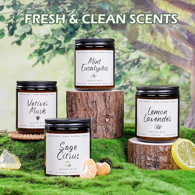 Scented Candles Set | Scented Candle for Home - 4 Pack Candle Gifts, Soy Candles for Home - Aromatherapy Gift of Mint Eucalyptus/Lemon Lavender/Sage Citrus/Vetiver Musk
