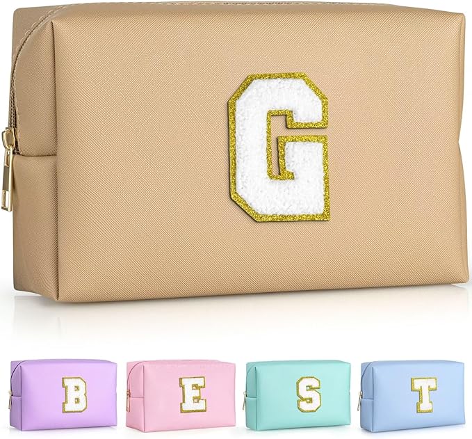 TOPEAST Travel Makeup Bag, Personalized Initial Toiletry Bag w Zipper, Cute Makeup Pouch, PU Leather Waterproof Cosmetic Bag, Birthday Gift for Daughter, Preppy Things for Girls (Khaki G)