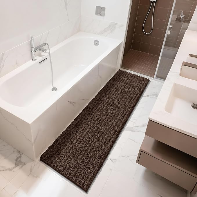 Yimobra Bathroom Runner Rug 60x24 Inch - Extra Long Non Slip Chenille Bath Mat, Soft & Absorbent, Machine Washable Shaggy Hallway Carpet for Vanity Tub Shower, Brown Home Decor Accessories
