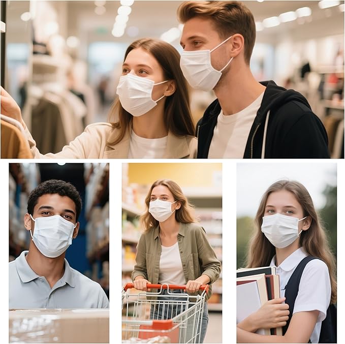 akgk 100PCS White Disposable Face Masks, 3-Ply Breathable White Face Mask For Adults