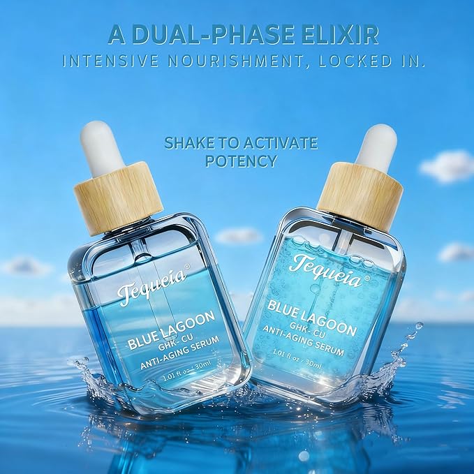 Blue Lagoon GHK-Cu Lifting & Firming Face Serum by TEQUEIA Dual-Phase Water-Oil Blue Copper Peptide Anti-Aging with Niacinamide & Hyaluronic Acid, Collagen Booster for Wrinkles & Elasticity