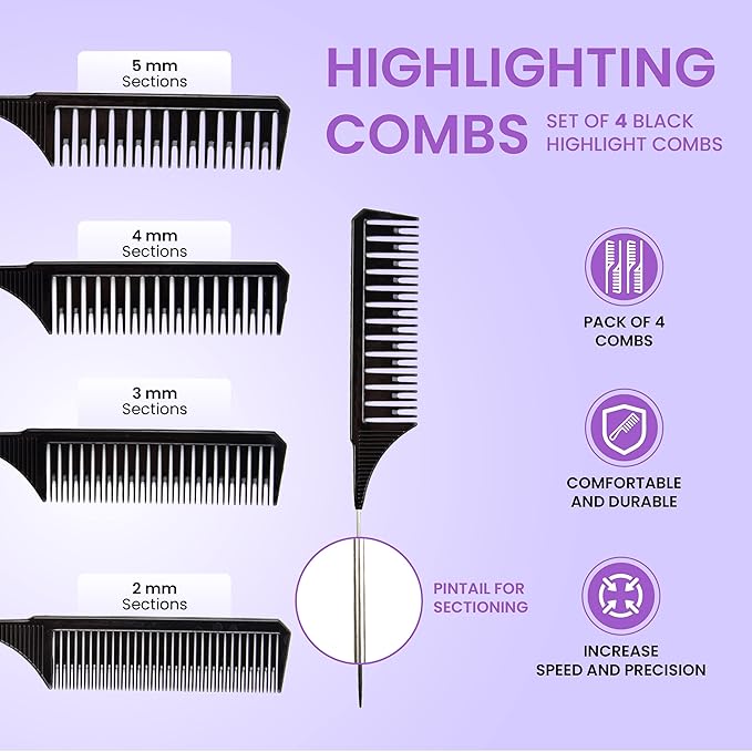 Salon Highlighting Combs Set - 4 Black Pin Tail Weaving Combs for Precise Foiling and Sectioning