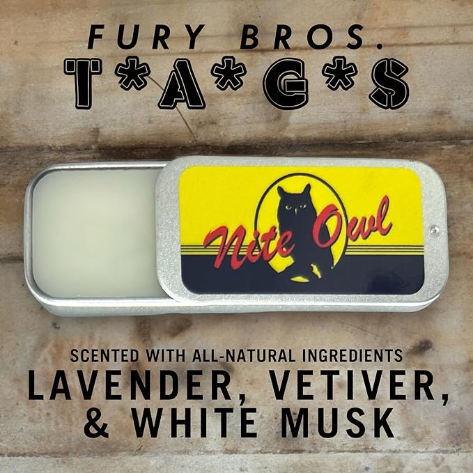 FURY BROS. TAGS Men’s Solid Cologne | Nite Owl | Lavender Vetiver Musk | Beeswax Grapeseed Oil Fragrance | Made in USA | Travel Size .25 oz