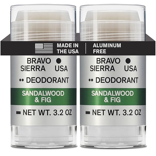 Aluminum-Free Deodorant for Men by Bravo Sierra, 2-Pack - Contains Natural Ingredients – Long Lasting All-Day Odor and Sweat Protection - Sandalwood and Fig, 3.2 oz -Paraben-Free, Vegan & Cruelty-Free