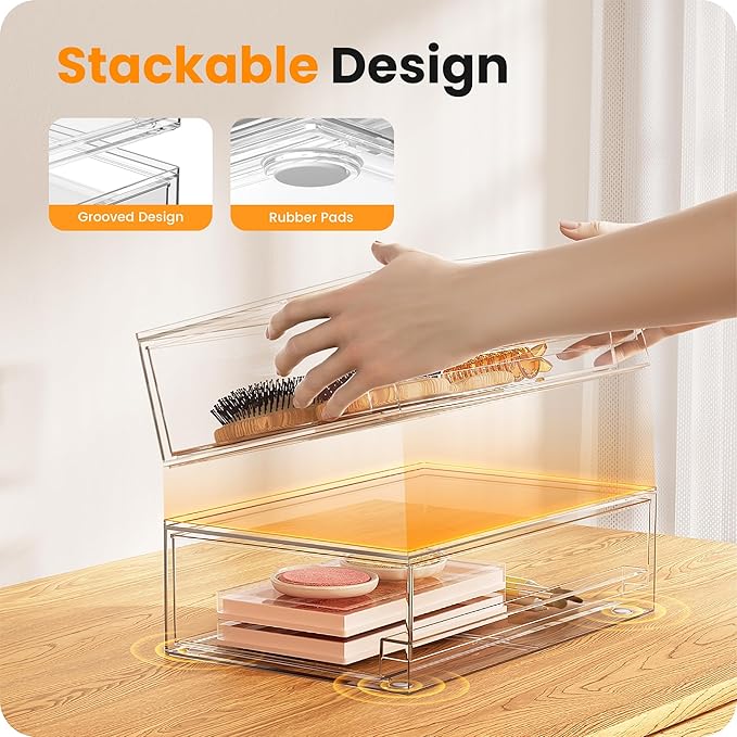 A-LuGei 【𝟰𝗣𝗖𝗦】 Acrylic Stackable Storage Drawers, 11.8" W Makeup Organizer, Bathroom Organizer and Storage, Plastic Storage Bins for Kitchen Cabinet Pantry Medicine Fridge