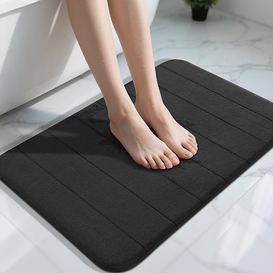 Yimobra Memory Foam Bath Mat, Super Soft Absorbent Bathroom Rug Non Slip 31.5x20 Inch, Quick Dry, Machine Washable Floor Carpet for Tub Shower, Home Decor Accessories, Black