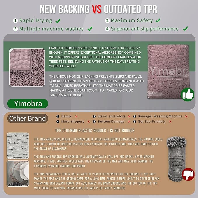 Yimobra Bathroom Rugs Non Slip Washable - Ultra Soft Absorbent Chenille Bath Mat, Quick Dry Shaggy Floor Carpet for Tub Shower, Mauve Home Decor Accessories, 24x17 Inch