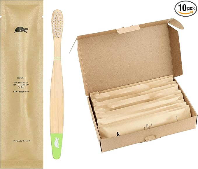 Sea Turtle Plant-Based Bristles, Soft Bamboo Toothbrushes, Individually Sealed for Kids (10 Pack)