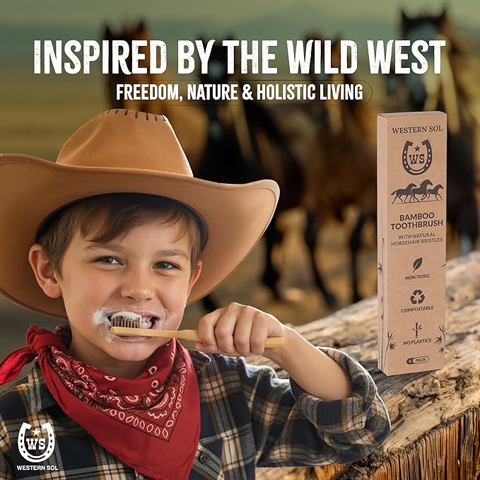 Western SOL Horse Bristle Bamboo Toothbrushes (4-Pack) – Luxury Toothbrush - Plastic-Free, Biodegradable, Eco-Friendly – No Chemicals