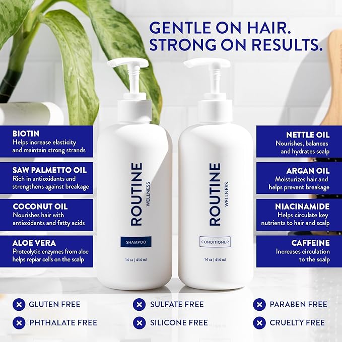 Routine Wellness Shampoo and Conditioner Set and Hair Serum for Thinning Hair - DHT Blocker Women & Men - Color Safe Shampoo for Hair Loss & Healthier Hair - Coconut & Vanilla Set + Serum