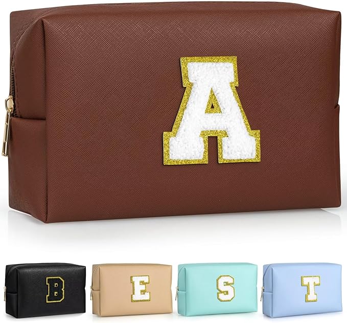 TOPEAST Preppy Makeup Bag, Personalized Initial Bags with Zipper, Cute Makeup Pouch, PU Leather Waterproof Cosmetic Bag, Birthday Gift for Daughter, Preppy Things for Girls (Brown A)