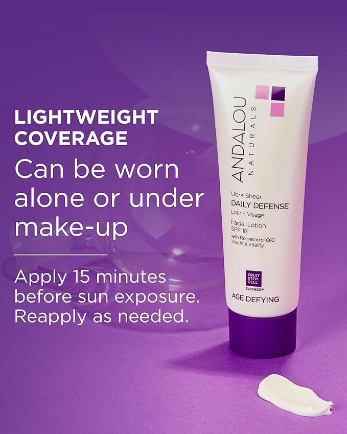 Andalou Naturals Age Defying Ultra Sheer Daily Defense Facial Lotion SPF 18 - Lightweight Sunscreen Moisturizer for Face - With Resveratrol CoQ10 - For All Skin Types - 2.7 oz