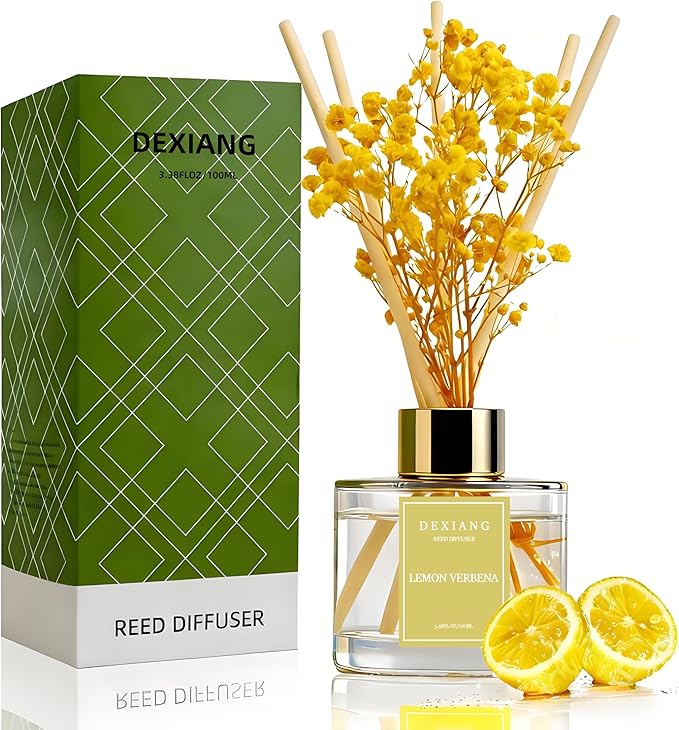 Reed Diffuser Set - 3.38 fl oz Lemon Verbena Premium Scented Oil with Preserved Baby's Breath & Cotton 6 Sticks | Long-Lasting Aromatherapy for Home, Bedroom, Bathroom, Office Home Decor