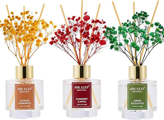Airkeep Reed Diffuser Set of 3, Coconut Pineapple Lemon Eucalyptus Cranberry Apple Oil Reed Diffusers for Bedroom Living Room Office Aromatherapy Oil Reed Diffuser for Gift 50ml x 3