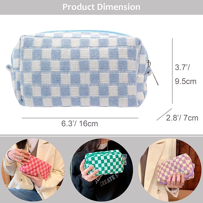 PAZIMIIK Checkered Makeup Bag for Purse Portable Zipper Make Up Pouch Small Cosmetic Case for Travel Accessories (2PCS Blue Light Green)