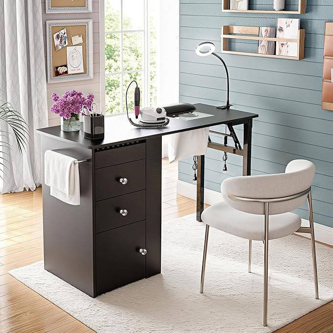 Foldable Nail Table with Dust Collector, Manicure Desk for Nail Tech,with LED Lamp, Wrist Rest, Rolling Nail Table for Salon, Home Beauty Workstation, Compact Nail Station with Storage (Black)