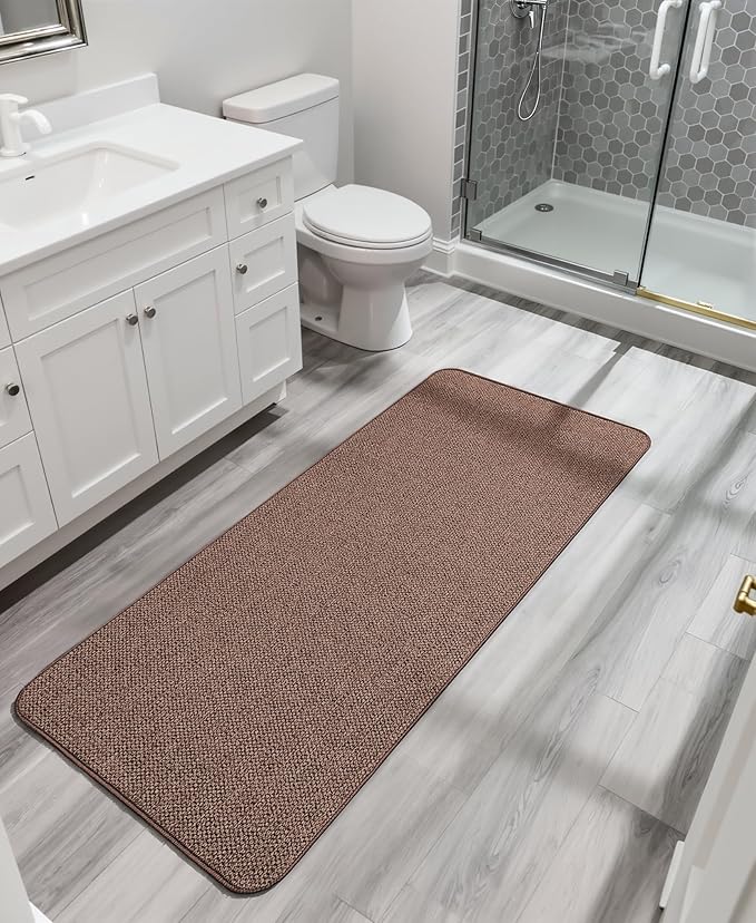 Bath Mat,Ultra Thin Bathroom Runner Rugs,Large Bath Mats for Bathroom,Quick Dry,Non-Slip,Machine Washable,Low Pile,Bath Rug,Shower Outside,Sink,Home Decor Accessories.Brown,3'x5'(36x60inch)