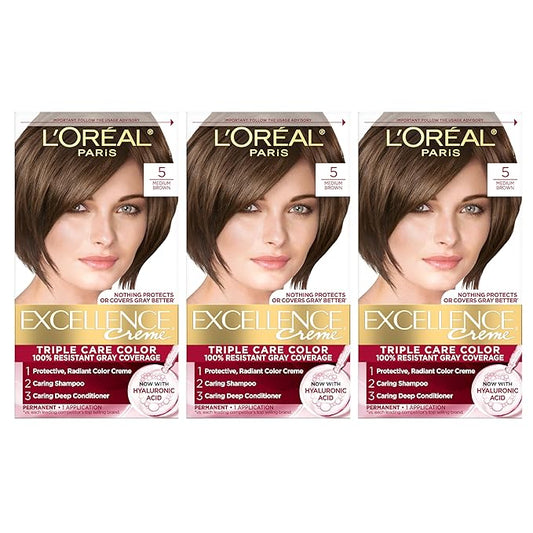 L'Oreal Paris Excellence Crème Permanent Hair Dye, Triple Care Hair Color with Pro-Keratine Complex for 100% Gray Hair Coverage, 5 Medium Brown, 1 Kit (Pack of 3)