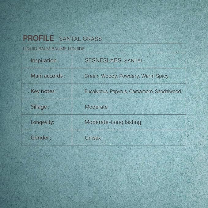 Santal Grass Roll-On, Perfume, Alcohol Free, Olfactive Marker, Niche Scent, Eucalyptus, Papyrus, Cardamom, Sandalwood Essential Oils Blend, Unisex Perfum for Women and Men 10ml/.33 fl Oz