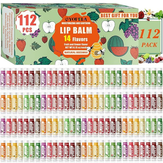 YOPELA 112 Pack Natural Lip Balm Bulk Lip Moisturizer with Vitamin E and Coconut Oil - Hydrating, Moisturizing, Soothing, and Repairing Dry and Chapped Lips Valentine's Gift - 14 Flavors - Non-GMO