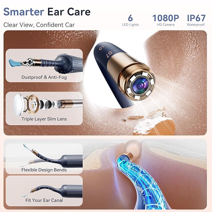 Ear Wax Removal Kit: Smart Visual Ear Cleaner with Camera 1080P HD for Adults & Kids - Flexible Ear Wax Remover with 6 LED Lights - Safe Ear Cleaning Tool for Home Use