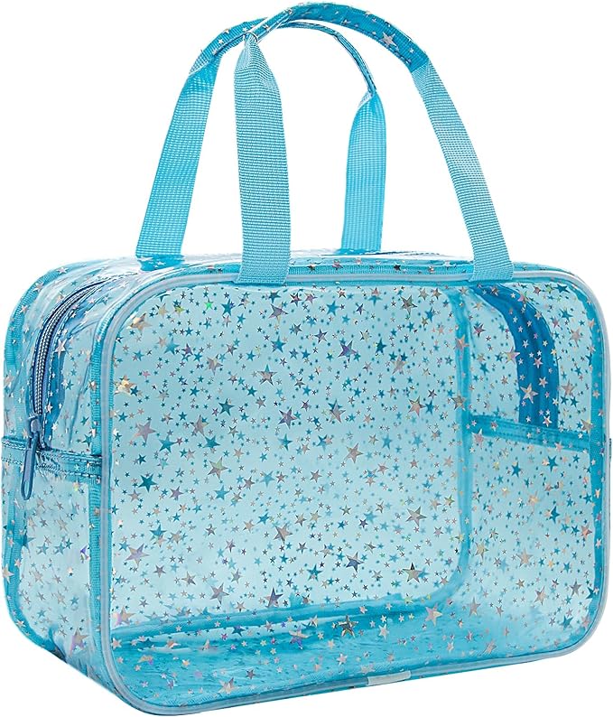 Clear Blue Star Large Makeup Bag with Star Pattern 12x5x8 inch, Travel Cosmetic Bag with Handle, Durable PVC Material Washbag Zipper Opening Design for Makeup Travel Organizer or Gym Use