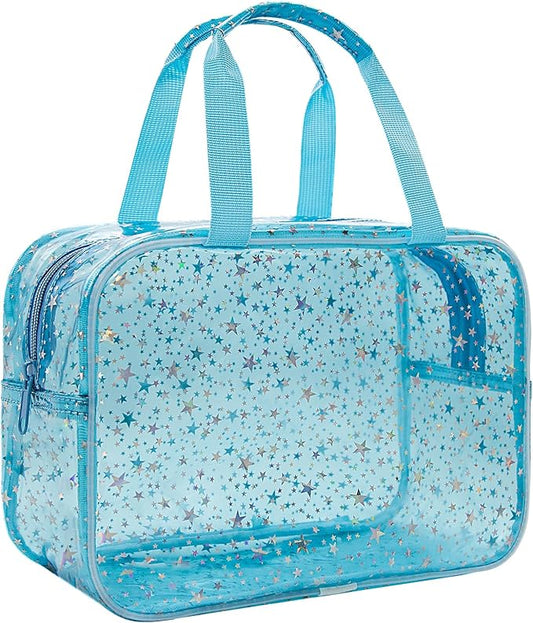 Clear Blue Star Large Makeup Bag with Star Pattern 12x5x8 inch, Travel Cosmetic Bag with Handle, Durable PVC Material Washbag Zipper Opening Design for Makeup Travel Organizer or Gym Use