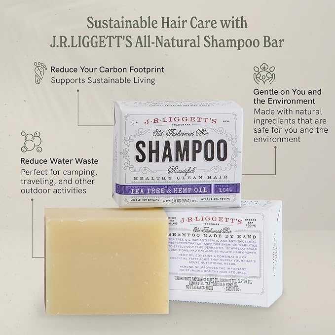 J·R·LIGGETT'S Shampoo Bar - Tea Tree, Jojoba & Peppermint, Coconut & Argan Oils - All Natural Solid Shampoo Bar, Sulfate-Free, Gmo-Free, Nourish Hair with Antioxidants and Vitamins, 3.5 Oz - 3 Pack