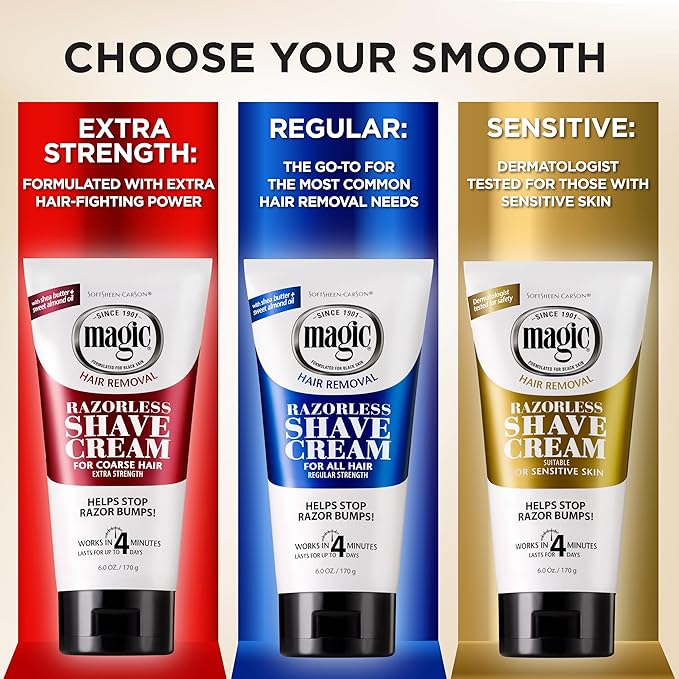 SoftSheen-Carson Magic Razorless Shaving Cream, Depilatory Hair Removal Cream for Body Hair, Regular Strength, Works in 4 Minutes, 6 Oz