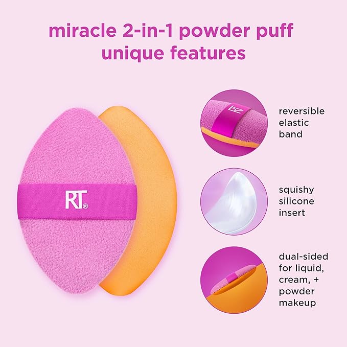 Real Techniques Miracle Complexion Sponge + Miracle 2-In-1 Powder Puff, Makeup Blending Sponge & Dual-Sided Powder Puff, For Liquids, Creams, & Powders, Vegan & Latex-Free, 2 Count