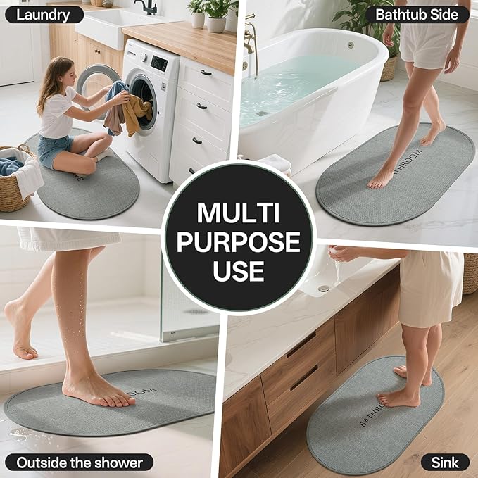 Non-Slip Bath Mat with Upgraded Rubber-Backing, Washable Thin Bath Mats for Bathroom Floor, Absorbent Woven Bathroom Rugs, Quick Dry, Fits Under Door, 16x24, Grey