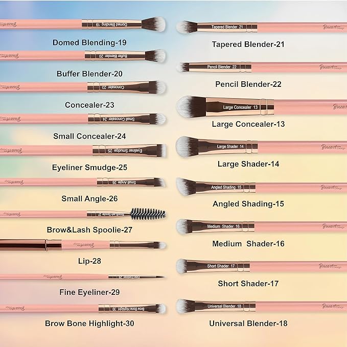 Bueart Design Labeled 30Pcs Professional Deluxe Makeup Brushes set with Extra large holder case for Foundation Face Blending Blush Concealers Eyeshadow