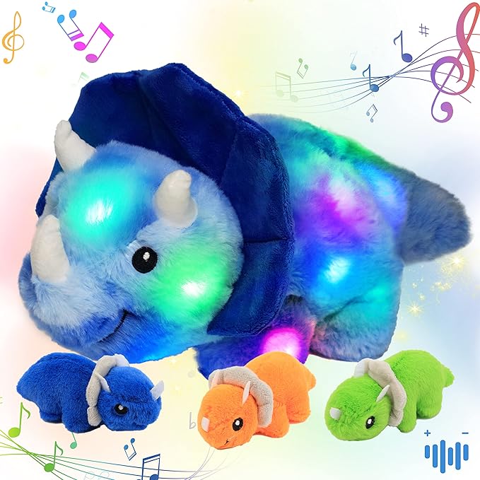 Hopearl LED Musical Stuffed Dinosaur Playset Lighting Up Singing Plush Toy Mommy Triceratops with 3 Babies in her Tummy Adjustable Volume Lullaby Animated Soothe Gifts for Toddlers Boys, Blue, 15”