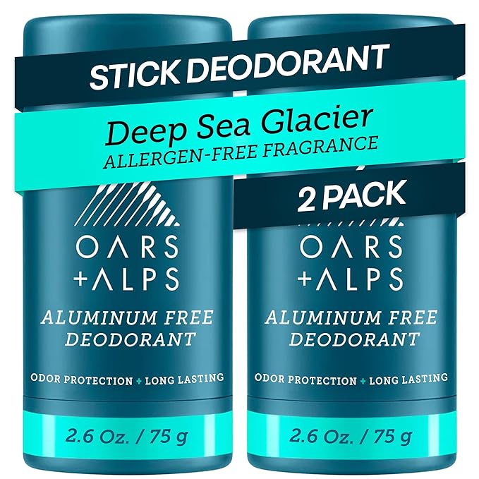 Oars + Alps Deodorant for Men & Women, Aluminum Free Deodorant for Men, Dermatologist Tested, Clean Ingredients, Non Toxic, Vegan, Long Lasting, Deep Sea Glacier, 2pk, 2.6oz