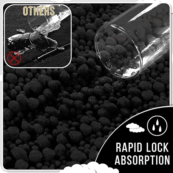 Yimobra Bathroom Rugs Non Slip Washable - Ultra Soft Absorbent Chenille Bath Mat, Quick Dry Shaggy Floor Carpet for Tub Shower, Black Home Decor Accessories, 24x17 Inch