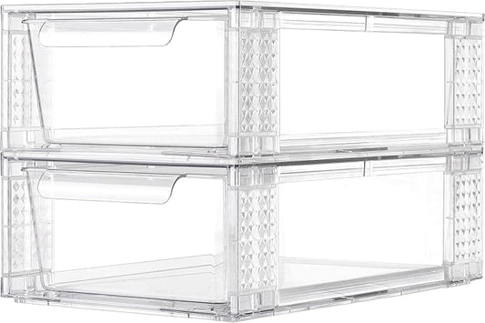 2 Pack Clear Stackable Storage Drawers, 3.95" H Easily Assemble Acrylic Organizer Bins - Multi-Use for Make up, Closet, Pantry, Bathroom, Medicine, Kitchen Cabinet & Undersink Organization
