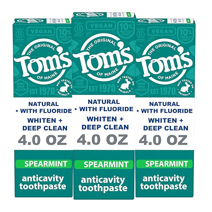 Tom's of Maine Whiten Plus Deep Clean Whitening Toothpaste, Natural Whitening Toothpaste with Plant-Based Cleansers, Enamel Safe, Whitens Without Causing Sensitivity, Spearmint, 4.0 Oz (Pack of 3)