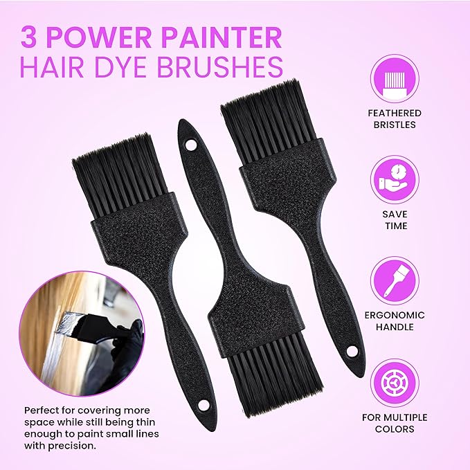 3 Power Painter Hair Dye Brushes - Color Tools for Salon, Balayage, Painting, and Dye Application - Durable Salon Color Applicator Brushes