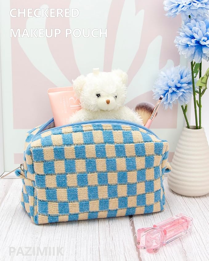 PAZIMIIK 6PCS Checkered Makeup Bag for Purse Portable Zipper Make Up Pouch Small Cosmetic Case for Travel Accessories Blue Beige