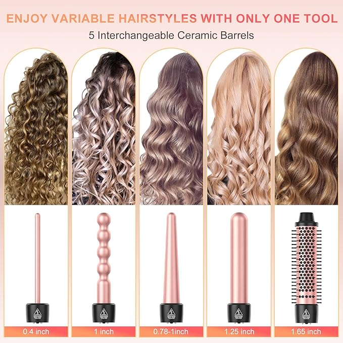 5 in 1 Curling Wand Set, Sixriver Hair Curling Iron with Curling Thermal Brush&4 Interchangeable Ceramic Curling Wand(0.4”-1.25”), Long Lasting Curls, Fast Heating Hair Wand Curler with Glove&2 Clips