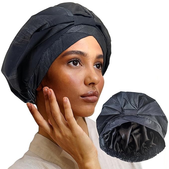 Reusable Shower Cap for Women Reusable Waterproof – Leakproof, Nonslip Hair Cap for Shower Flexiband – Soft, Breathable, Durable Christmas Shower Caps by SMPL OBJECTS (Coal)