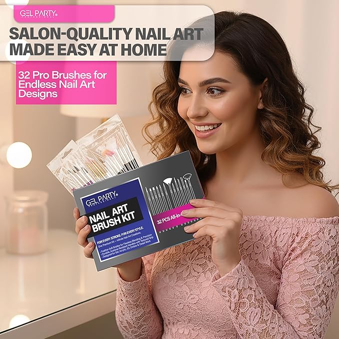 GELPARTY Nail Art Brush Kit – 32 PCS Professional Nail Brushes for Acrylic, Gel, UV/LED, Ombre & 3D Design | All-in-One Manicure Tool Set for Salon & DIY