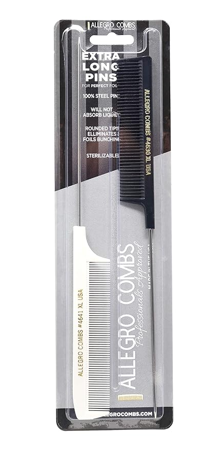 Allegro XL Pintail Rat Tail & Parting Combs - Metal Tail Foiling & Pin Combs (2 Pc., BLACK & WHITE)