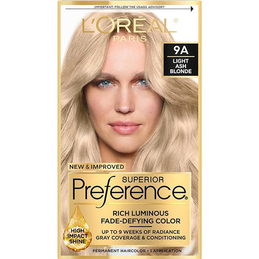 L'Oreal Paris Superior Preference Luminous Fade-Defying Permanent Hair Color, Hair Dye For Up to 9 Weeks of Radiance, Light Ash Blonde 9A, 1 Hair Dye Kit