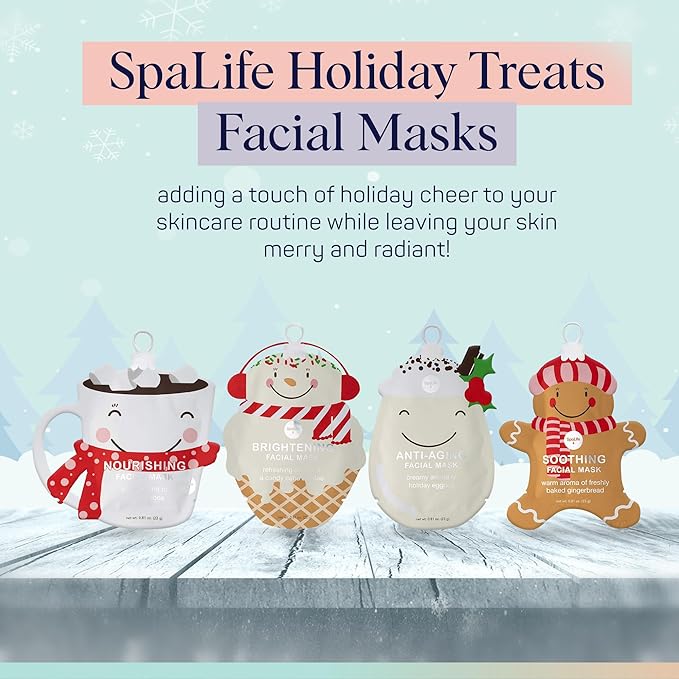 SpaLife Beauty Holiday Treats Christmas Face Mask Bundle | Korean Facial Mask | Hydrating, Soothing and Moisturizing Sheet Mask Set | Stocking Stuffers for Women | Bulk Christmas Gifts | 12 Pack