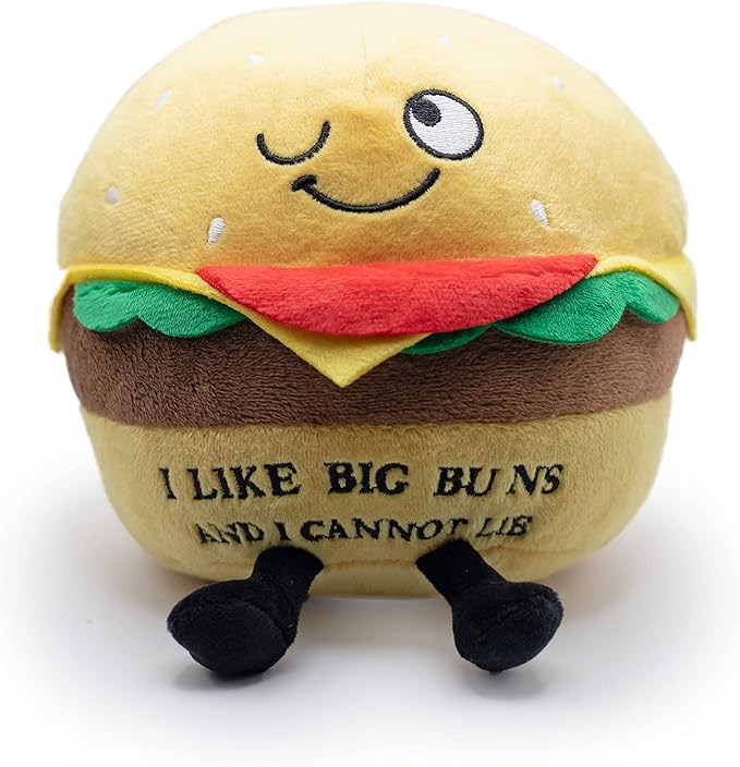 Punchkins Hamburger Plushie - I Like Big Buns and I Cannot Lie Funny Hamburger Plush, Gift for Grillers, Food Plush Toy for Gifting