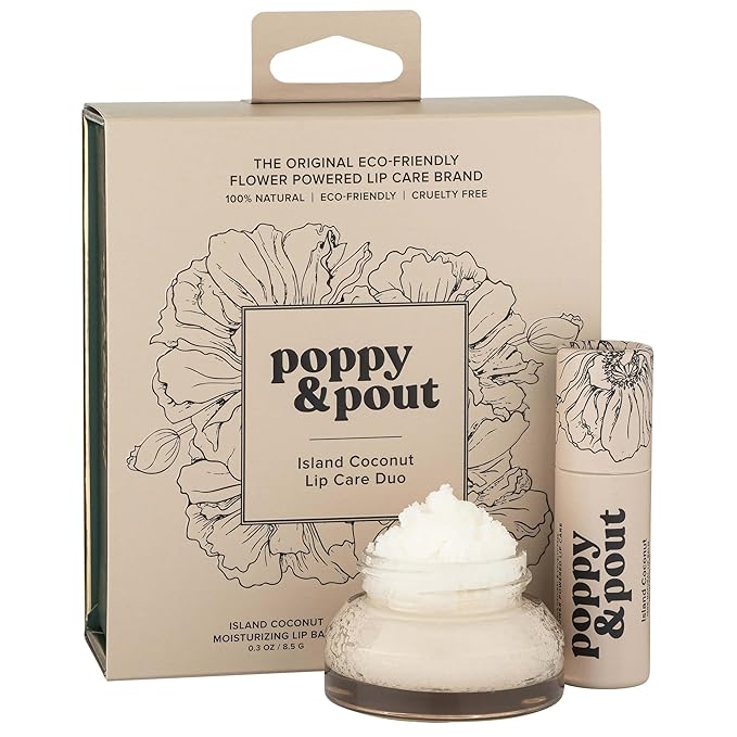 Poppy & Pout Lip Care Set | Lip Balm & Scrub | Sustainable Cardboard Tubes & Glass Jars, All Natural, Beeswax, Coconut Oil, Cruelty Free, Exfoliating & Moisturizing Lip Treatment (Island Coconut)