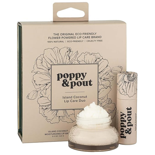 Poppy & Pout Lip Care Set | Lip Balm & Scrub | Sustainable Cardboard Tubes & Glass Jars, All Natural, Beeswax, Coconut Oil, Cruelty Free, Exfoliating & Moisturizing Lip Treatment (Island Coconut)
