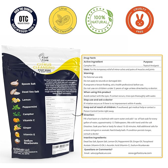 FOOT CURE Premium Epsom Salt Foot Soak - Tea Tree Oil Foot Soak for Athletes - Relaxing Foot Bath with Fungal Support - Foot Soaking Salts & Oils - Soothing for Tired Feet & Calluses (Pack of 4)