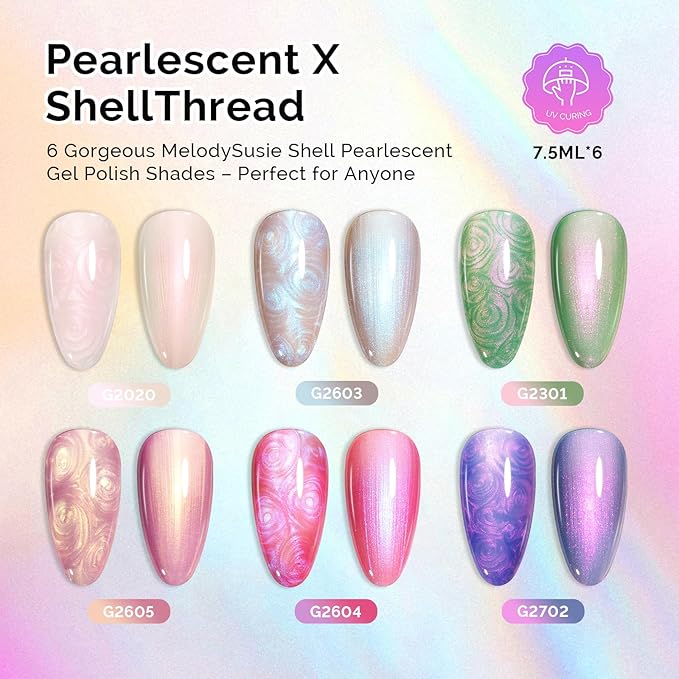 MelodySusie Pearl Gel Nail Polish Set, 6 Colors Aurora Shimmer White Green Pink Purple Blue Iridescent Mermaid Drawing Glitter Gel Polish Soak Off Swirl Shell Thread Effect Nail Art Gifts for Women